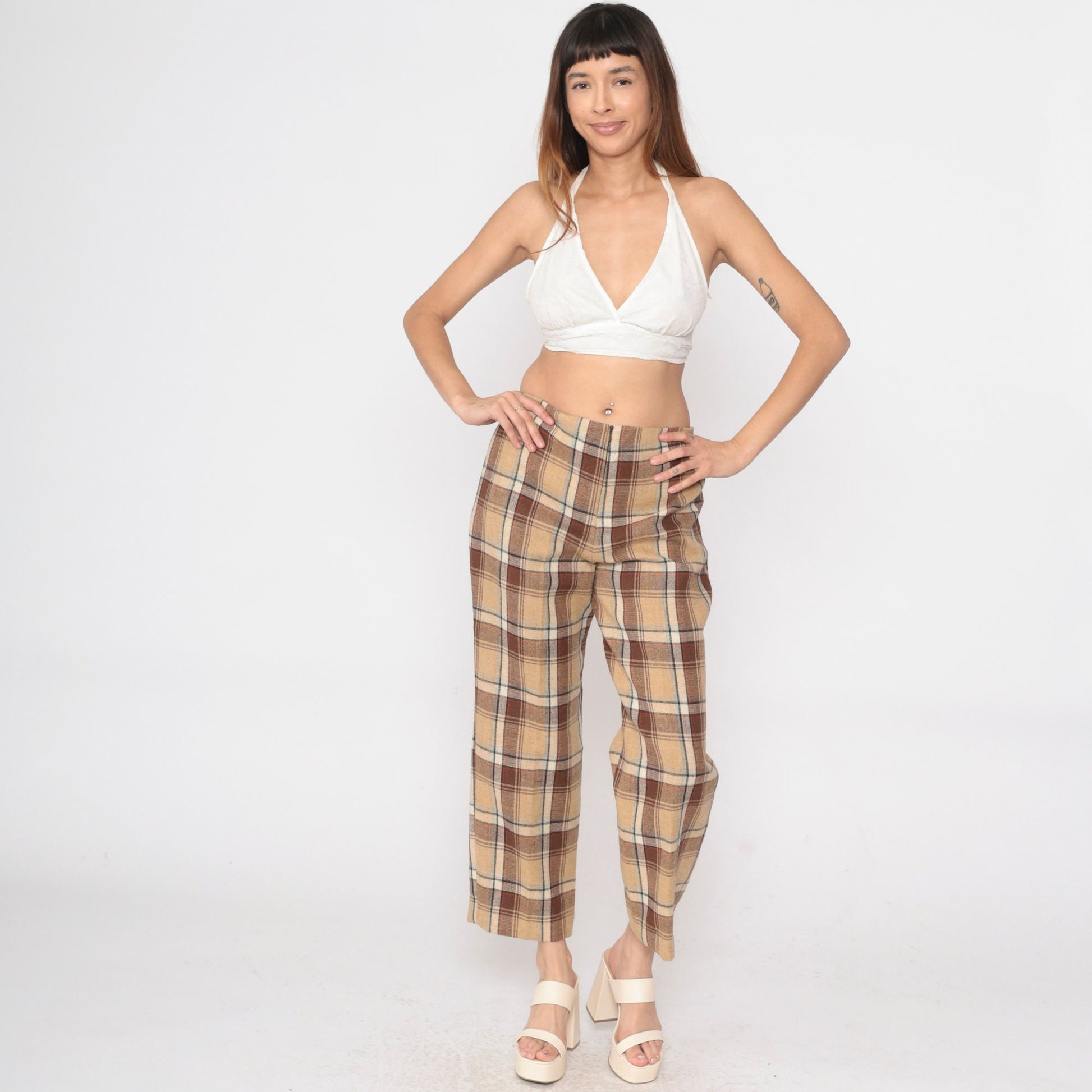 60s Tan Plaid Wool Trousers High Waisted Straight Leg Large L