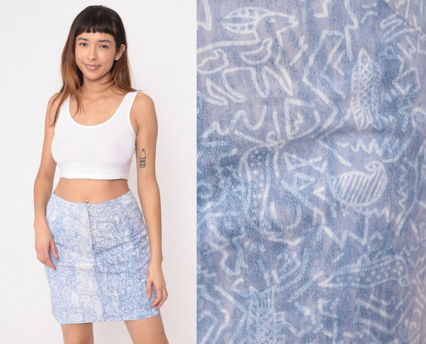 90s Petroglyph Animal Print Mini Skirt Blue High Waisted Medium