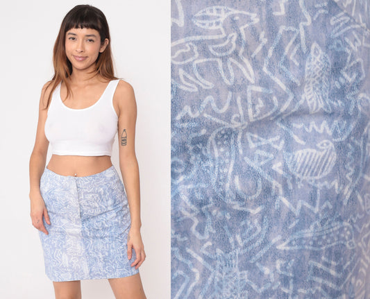 90s Petroglyph Animal Print Mini Skirt Blue High Waisted Medium