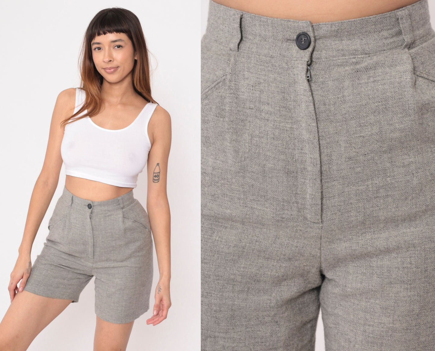 80s Heathered Grey Wool High-Waisted Shorts Welt Pockets Small 4