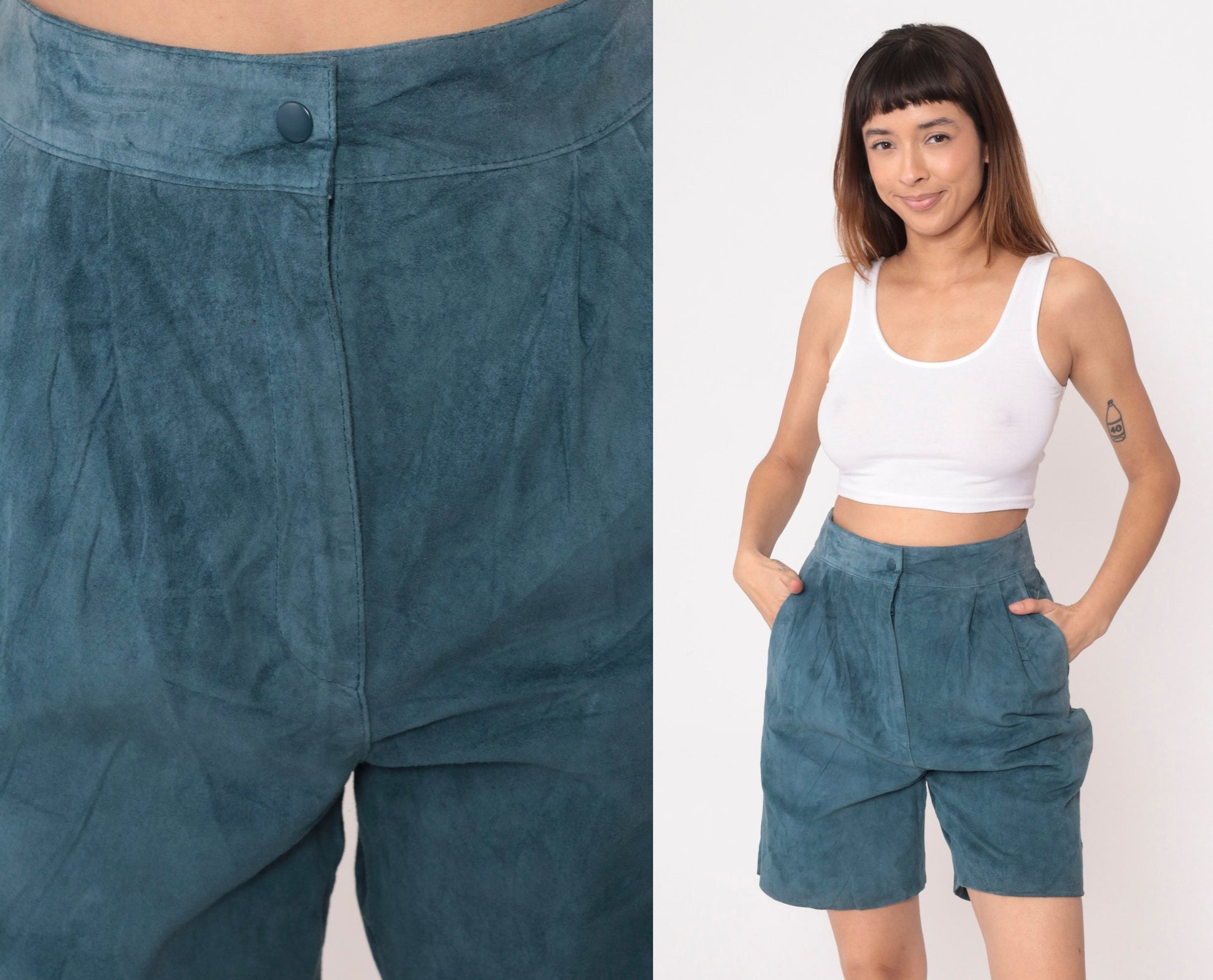 80s Blue Suede High-Waisted Shorts Pleated Front Small