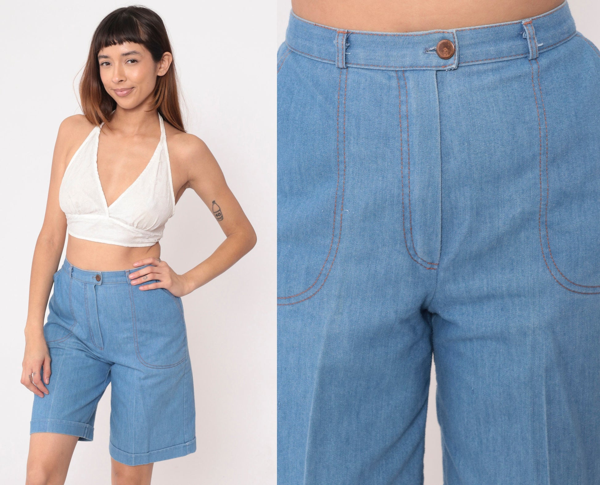 80s Tanjay Blue Denim Bermuda Shorts High Waist Cuffed Small