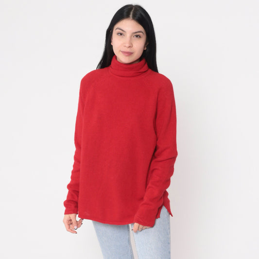 90s Red Wool Angora Turtleneck Raglan Sweater Knit Pullover Large L