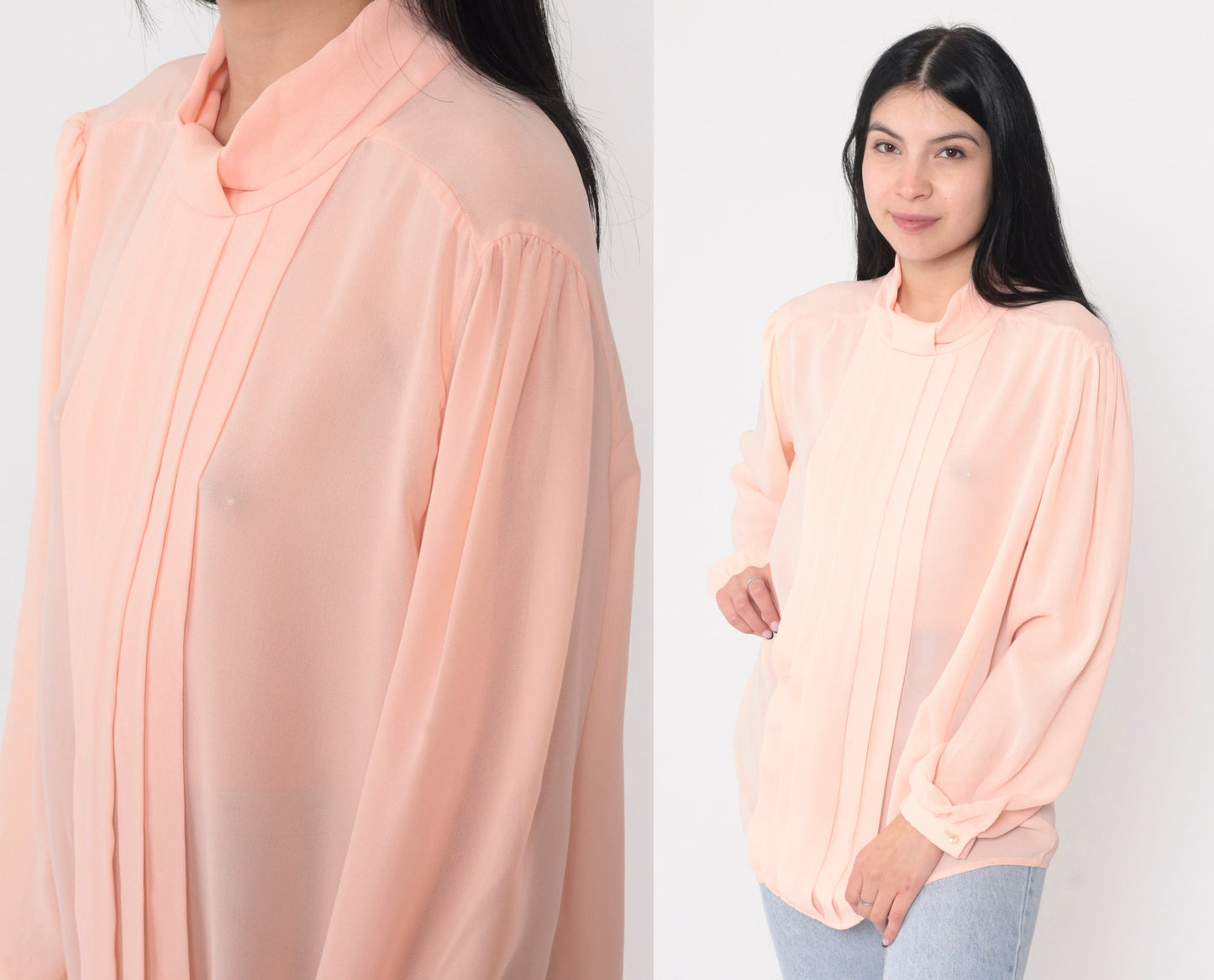 90s Pink Pleated Blouse Puff Sleeve Keyhole Back Semi-Sheer Large