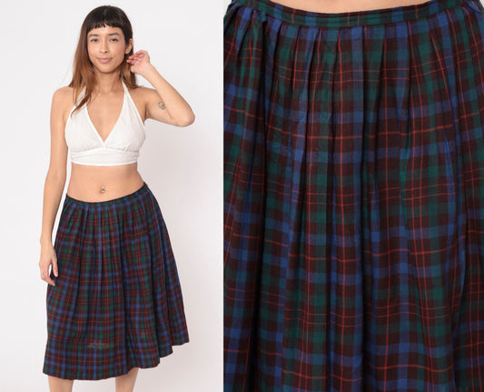 80s Maroon Blue Green Plaid Midi Skirt High Waist Pleated Large