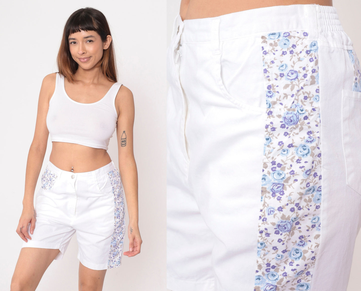 90s White Floral Shorts Purple Calico Print High Waist Cotton Medium
