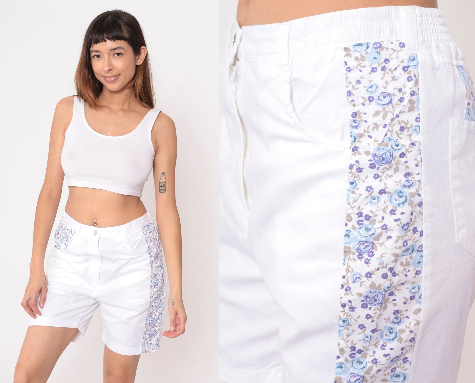 90s White Floral Shorts Purple Calico Print High Waist Cotton Medium