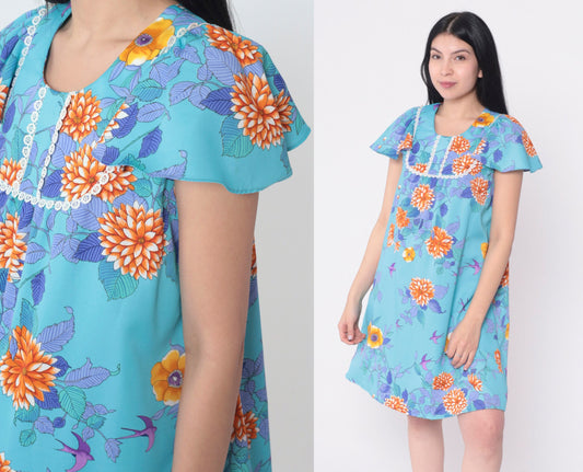 70s Blue Floral Mini Dress Tropical Print Flutter Sleeve Shift Small