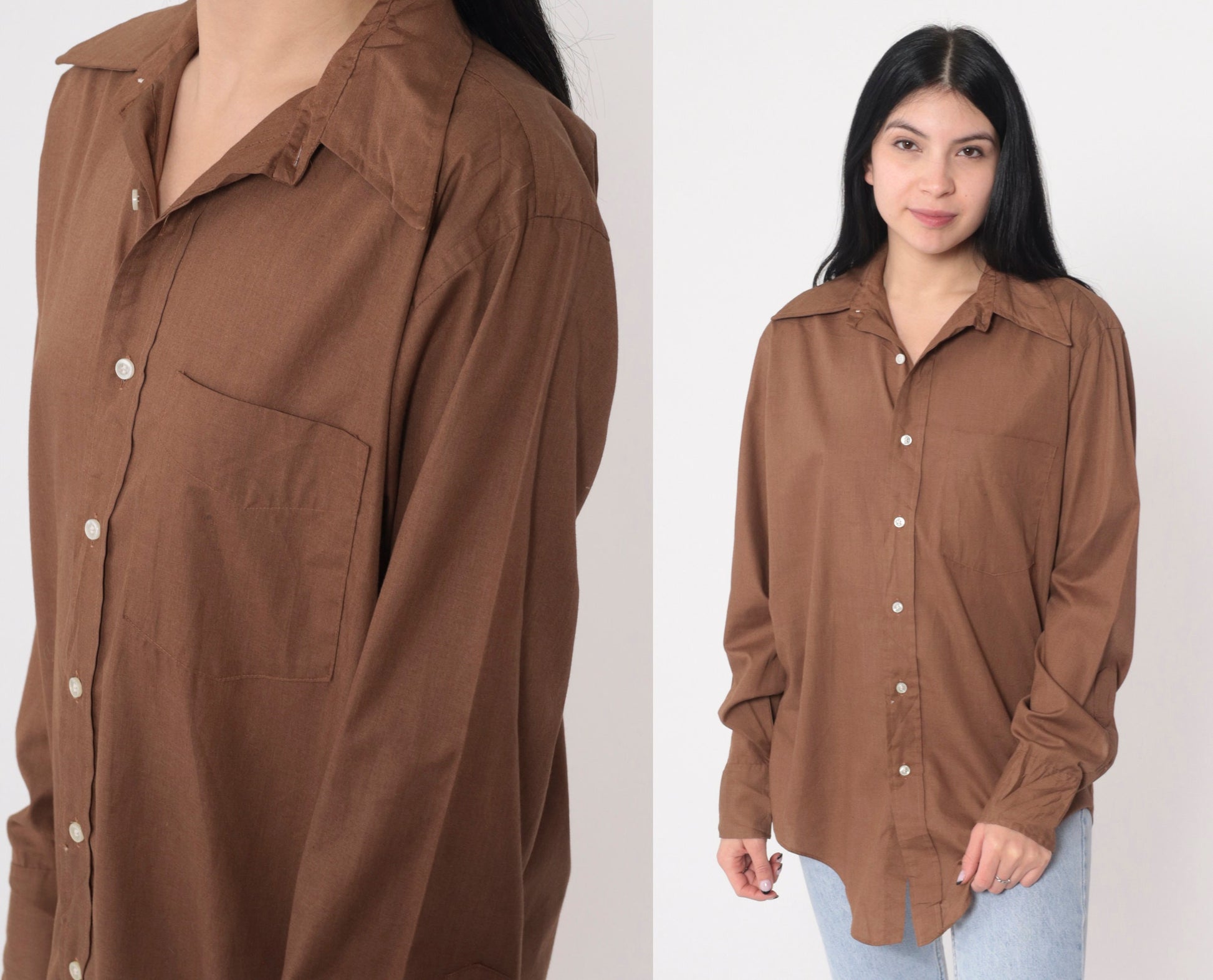 70s Cocoa Brown Wing Collar Button-Up Shirt Long Sleeve Mens Medium