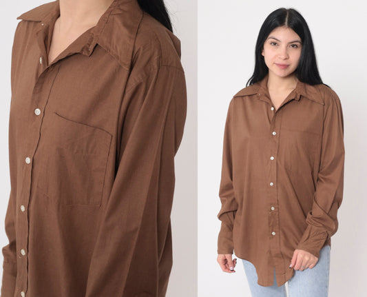 70s Cocoa Brown Wing Collar Button-Up Shirt Long Sleeve Mens Medium