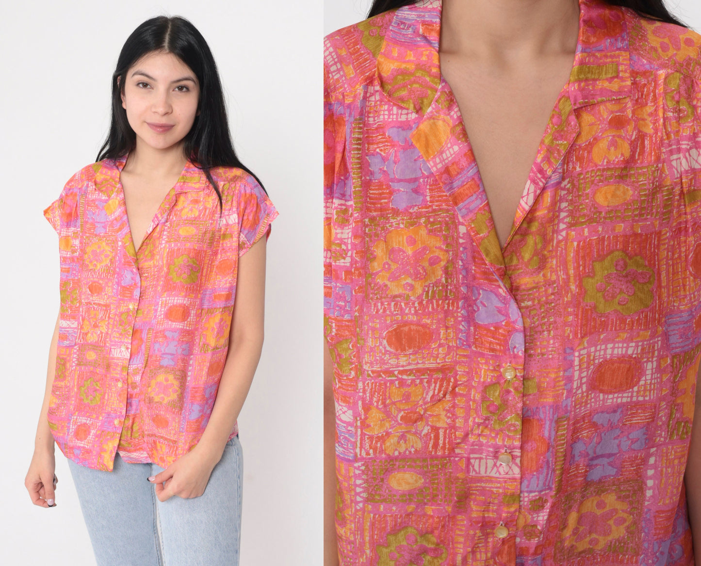 70s Abstract Floral Silk Blouse Pink Orange Cap Sleeve Button Up Large