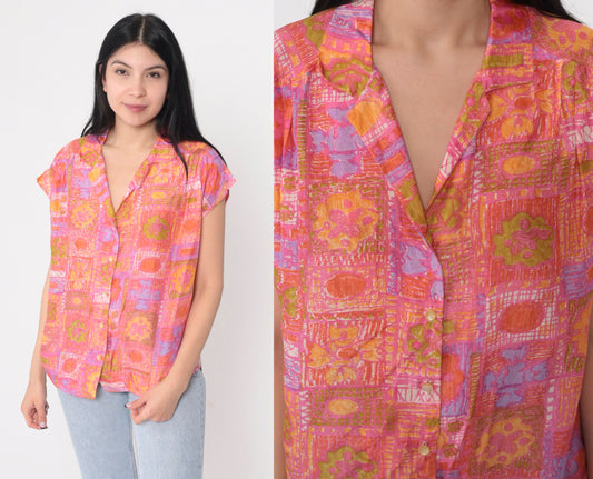 70s Abstract Floral Silk Blouse Pink Orange Cap Sleeve Button Up Large