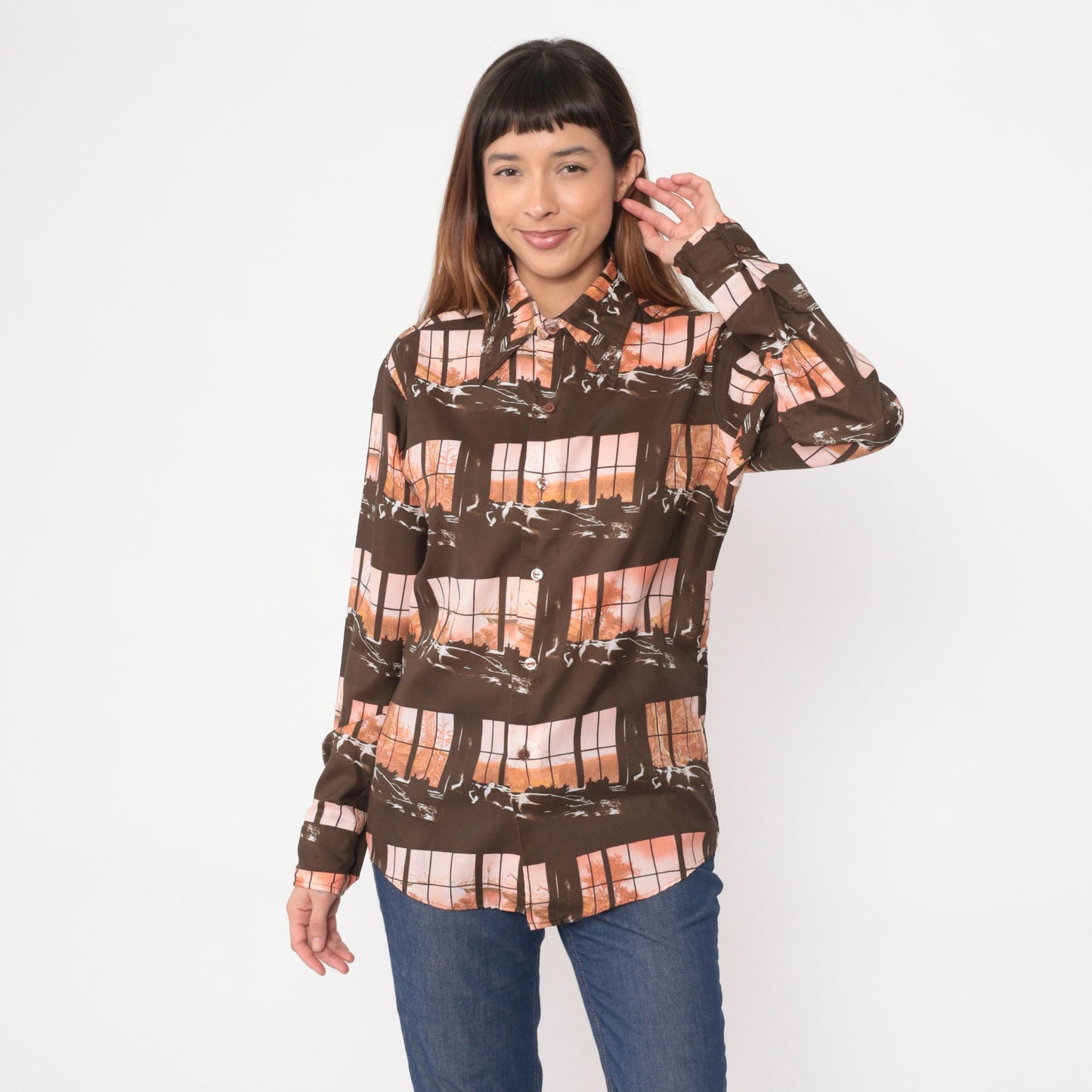 70s Disco Shirt Brown Art Print Button Up Dagger Collar Long Sleeve Medium