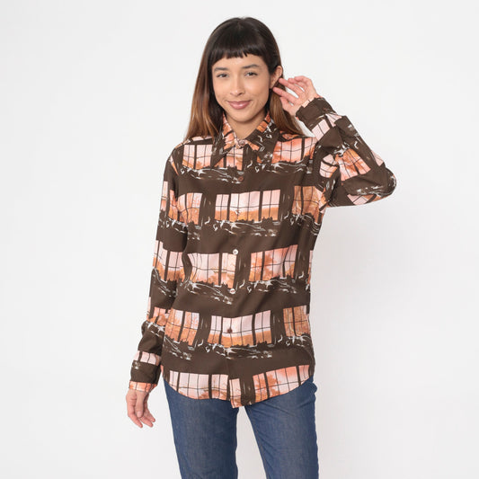 70s Disco Shirt Brown Art Print Button Up Dagger Collar Long Sleeve Medium