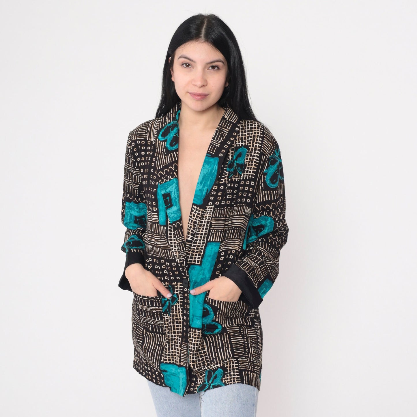 90s Kensington Square Blazer Black White Abstract Floral Print Blue Flowers Large L