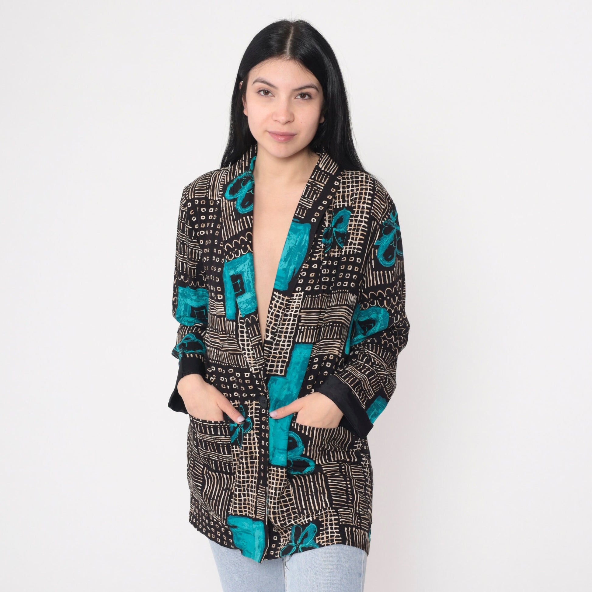 90s Kensington Square Blazer Black White Abstract Floral Print Blue Flowers Large L