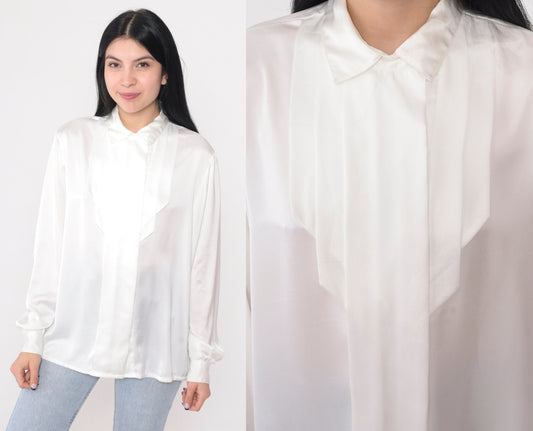 90s White Satin Pleated Blouse Long Sleeve Hidden Button Collared Large L