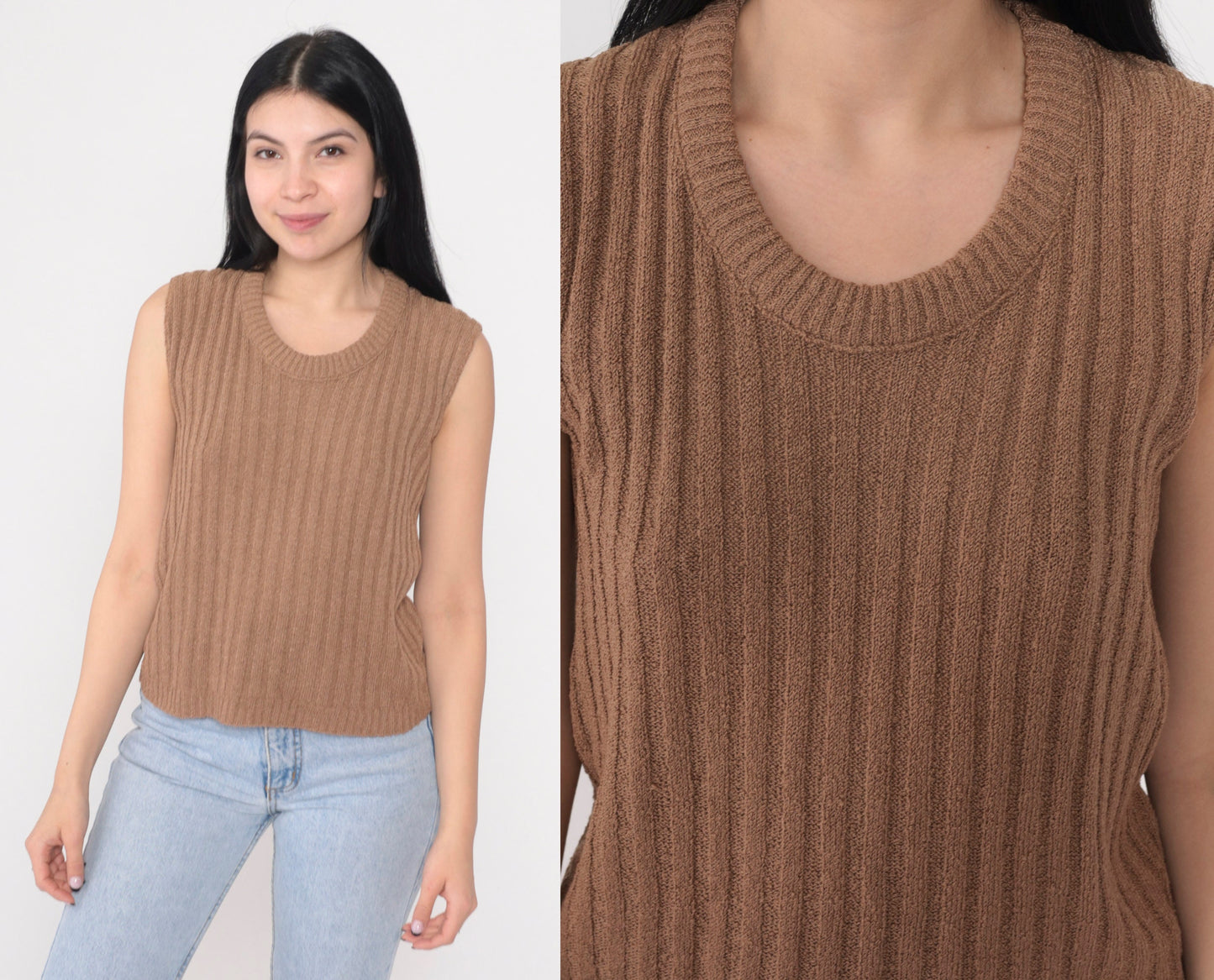 80s Cocoa Brown Ribbed Knit Sweater Vest Scoop Neck Pullover Medium M