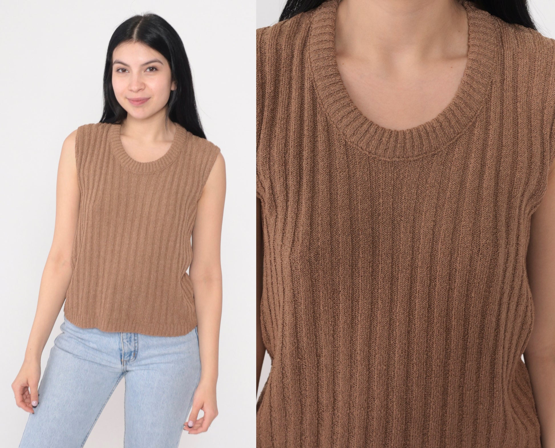 80s Cocoa Brown Ribbed Knit Sweater Vest Scoop Neck Pullover Medium M