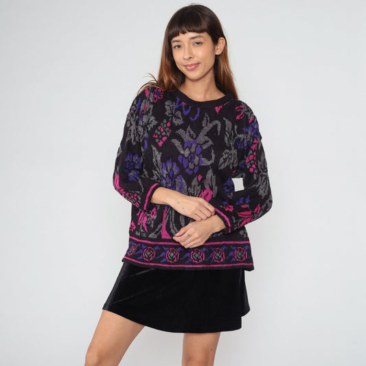 80s Black Floral Knit Sweater Pink Purple Rose All-Over Print Large L