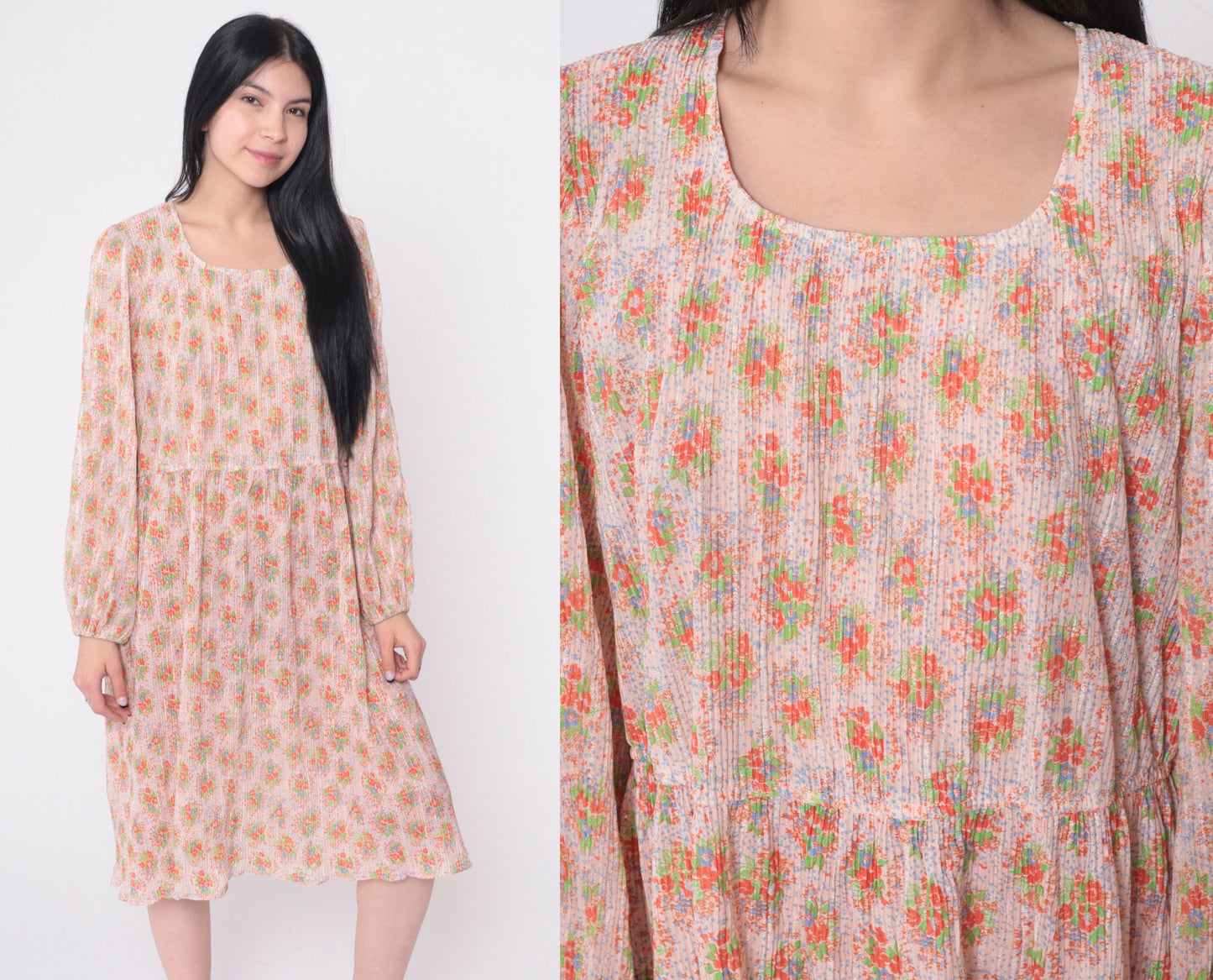 70s Floral Midi Dress High Waist Knife Pleated Puff Sleeve Green Blue Medium