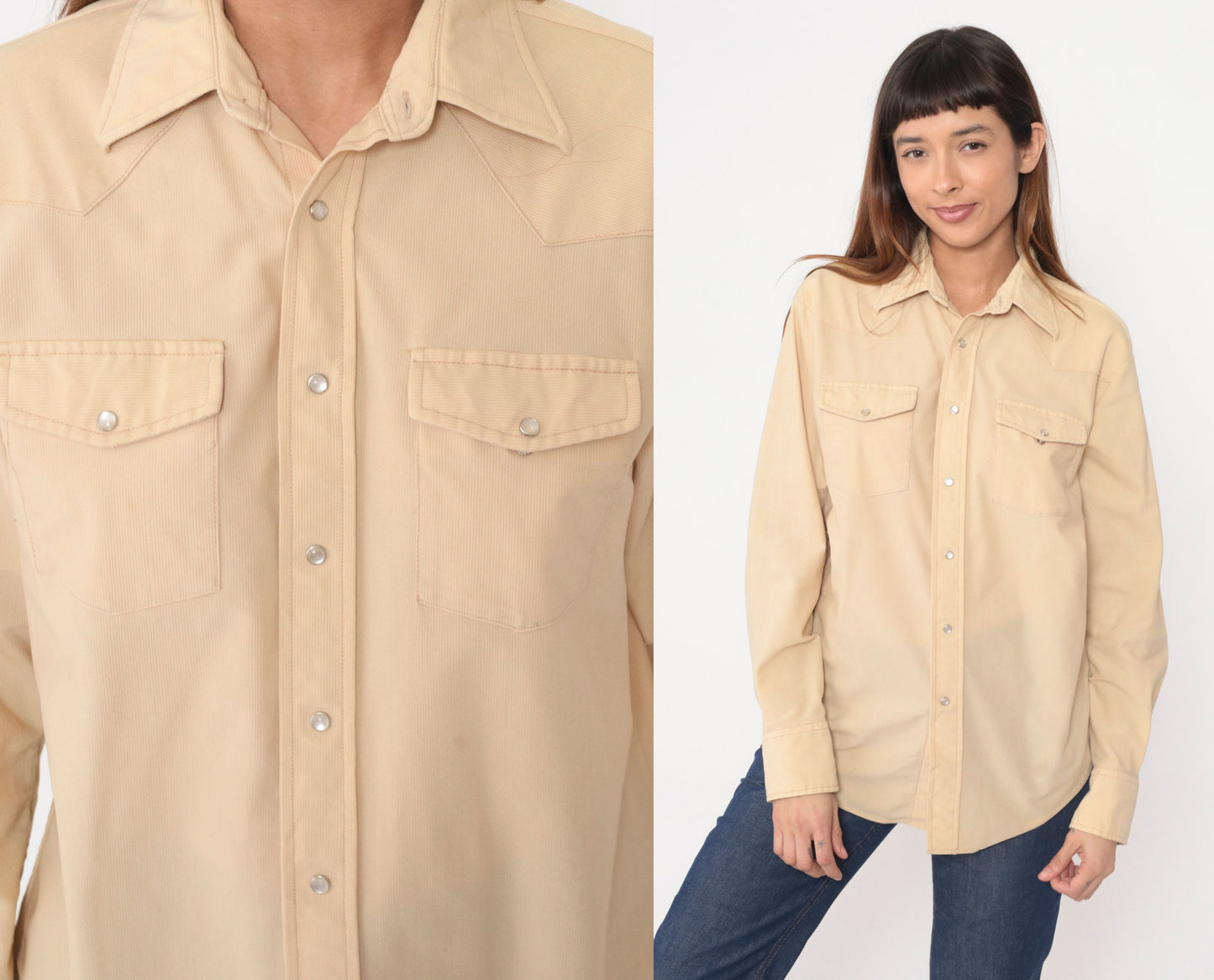 70s Western Pearl Snap Shirt Cream Ribbed Long Sleeve Large L
