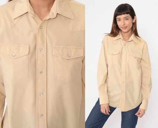 70s Western Pearl Snap Shirt Cream Ribbed Long Sleeve Large L