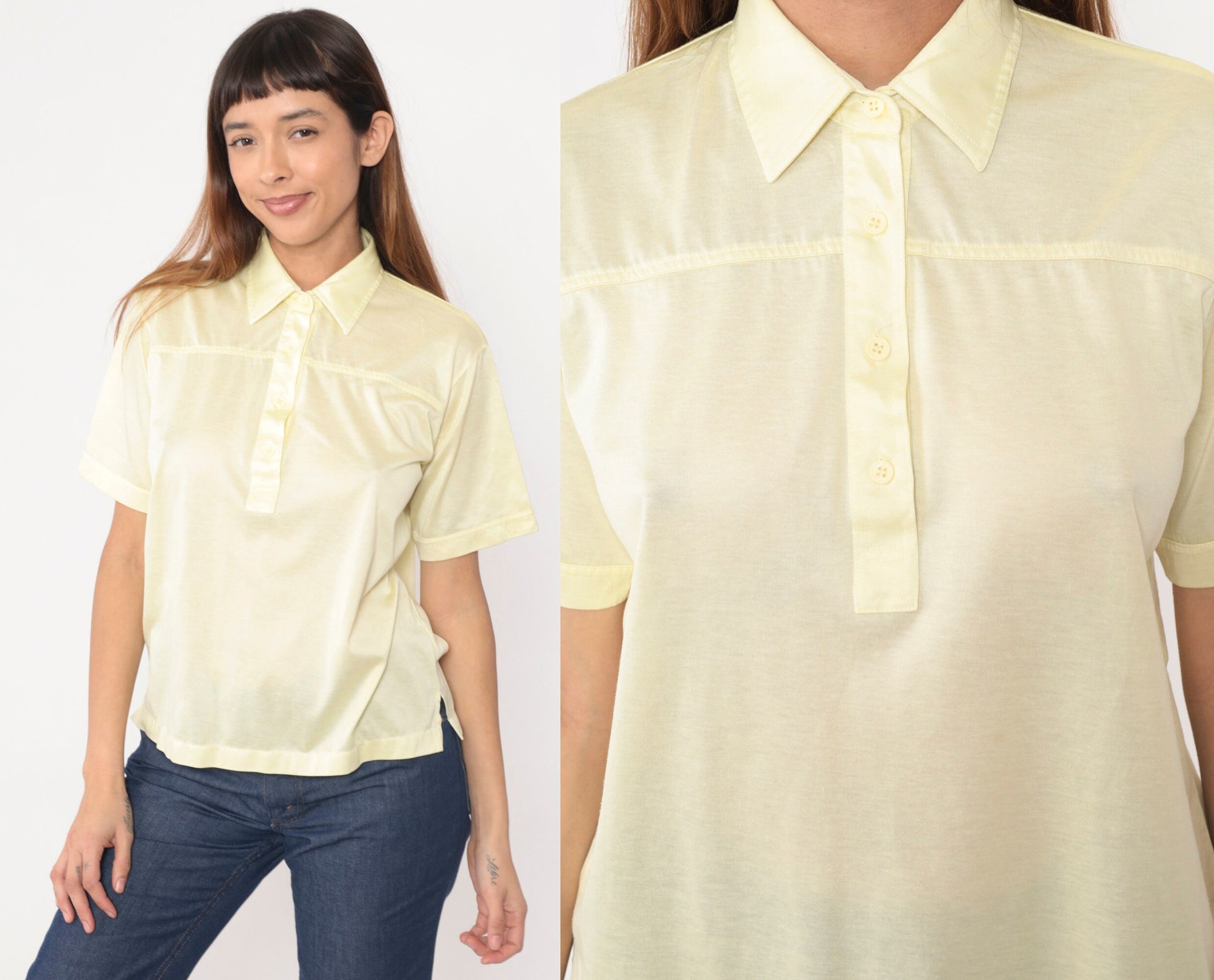 80s Yellow Polo Shirt Light Pastel Button-Up Collared Tee Medium