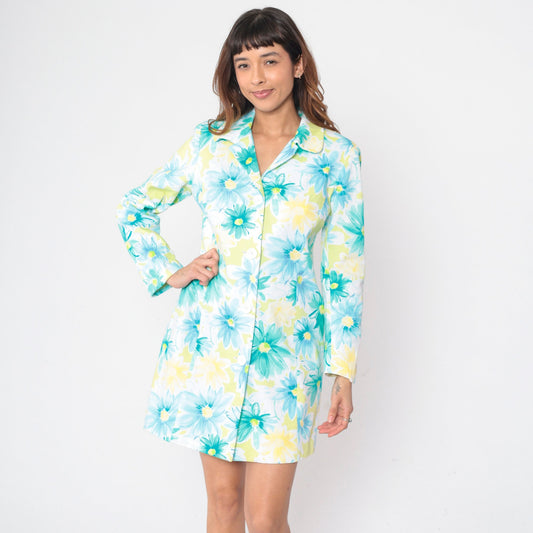 90s Lime Green Floral Mini Shirtdress Long Sleeve Button Up Cotton Medium 8