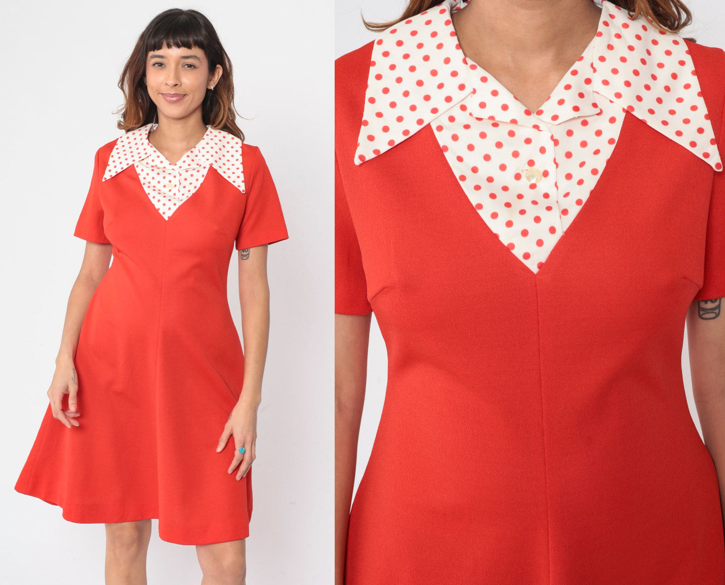 70s Red Shift Dress Polka Dot Collar Mini Short Sleeve Medium 8