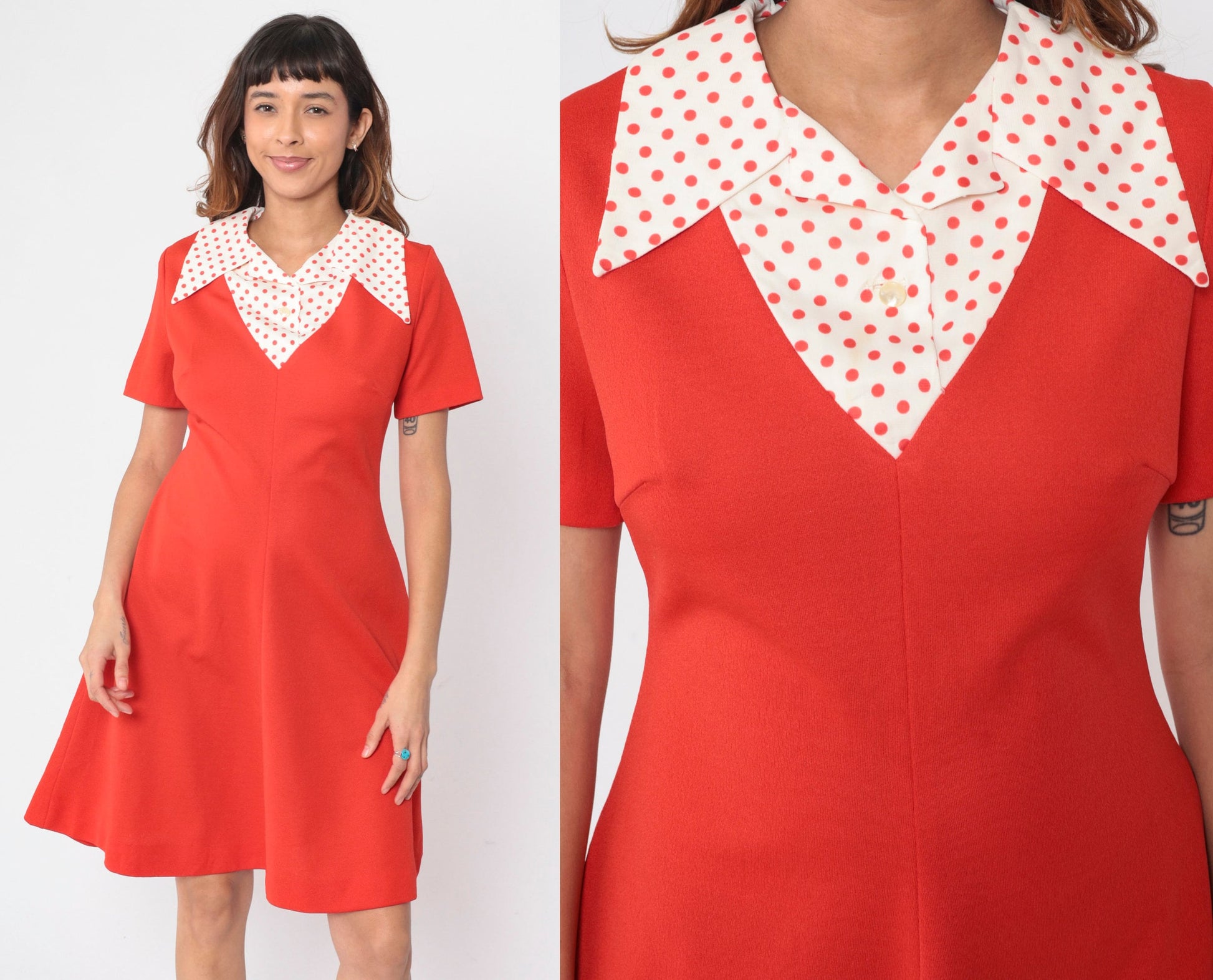 70s Red Shift Dress Polka Dot Collar Mini Short Sleeve Medium 8