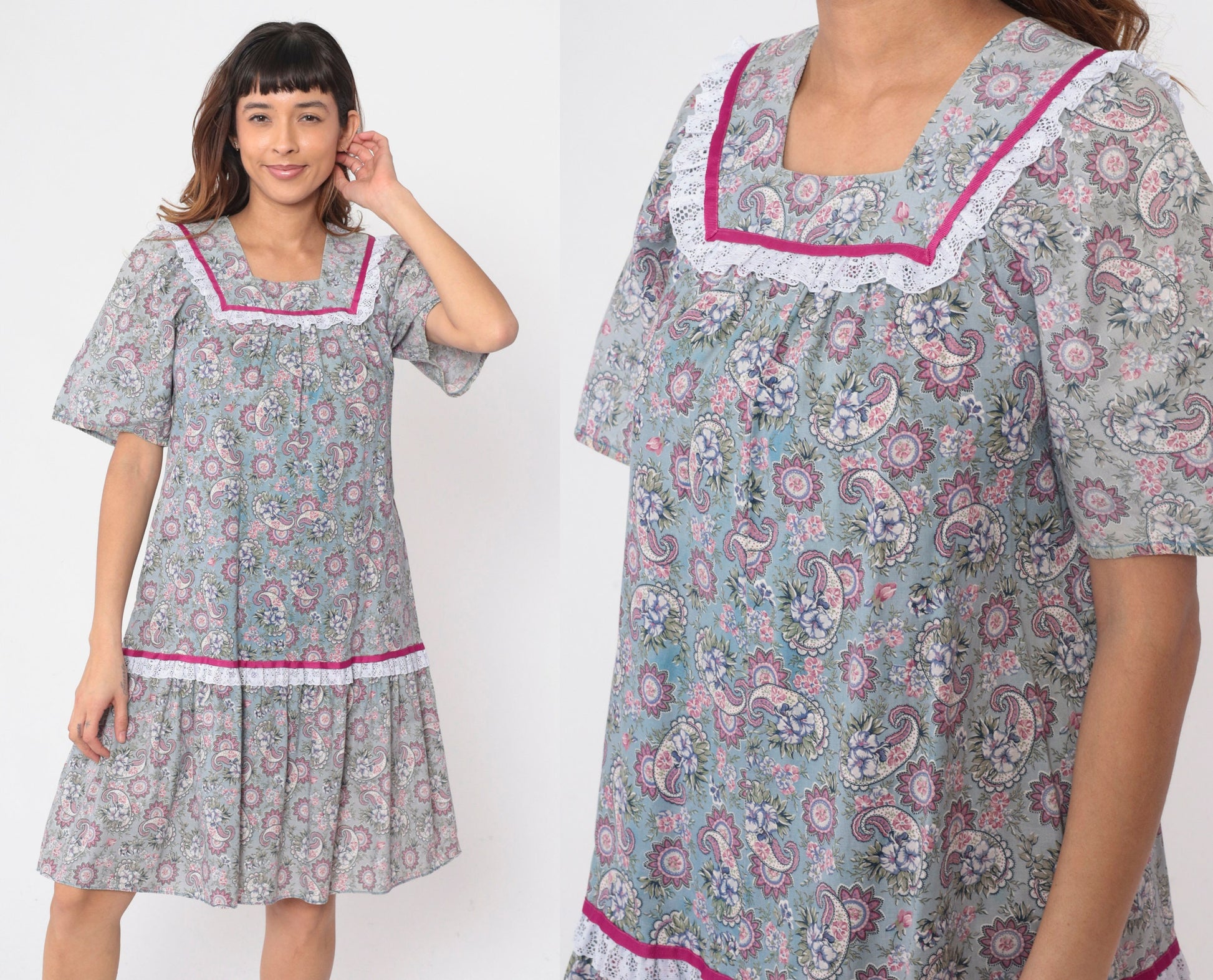 80s Paisley Floral Midi Dress Lace Yoke Tent Cut Ruffled Hem Cotton Small
