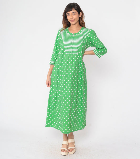 70s Polka Dot Caftan Maxi Dress Green White Front Zip 3/4 Sleeve Medium