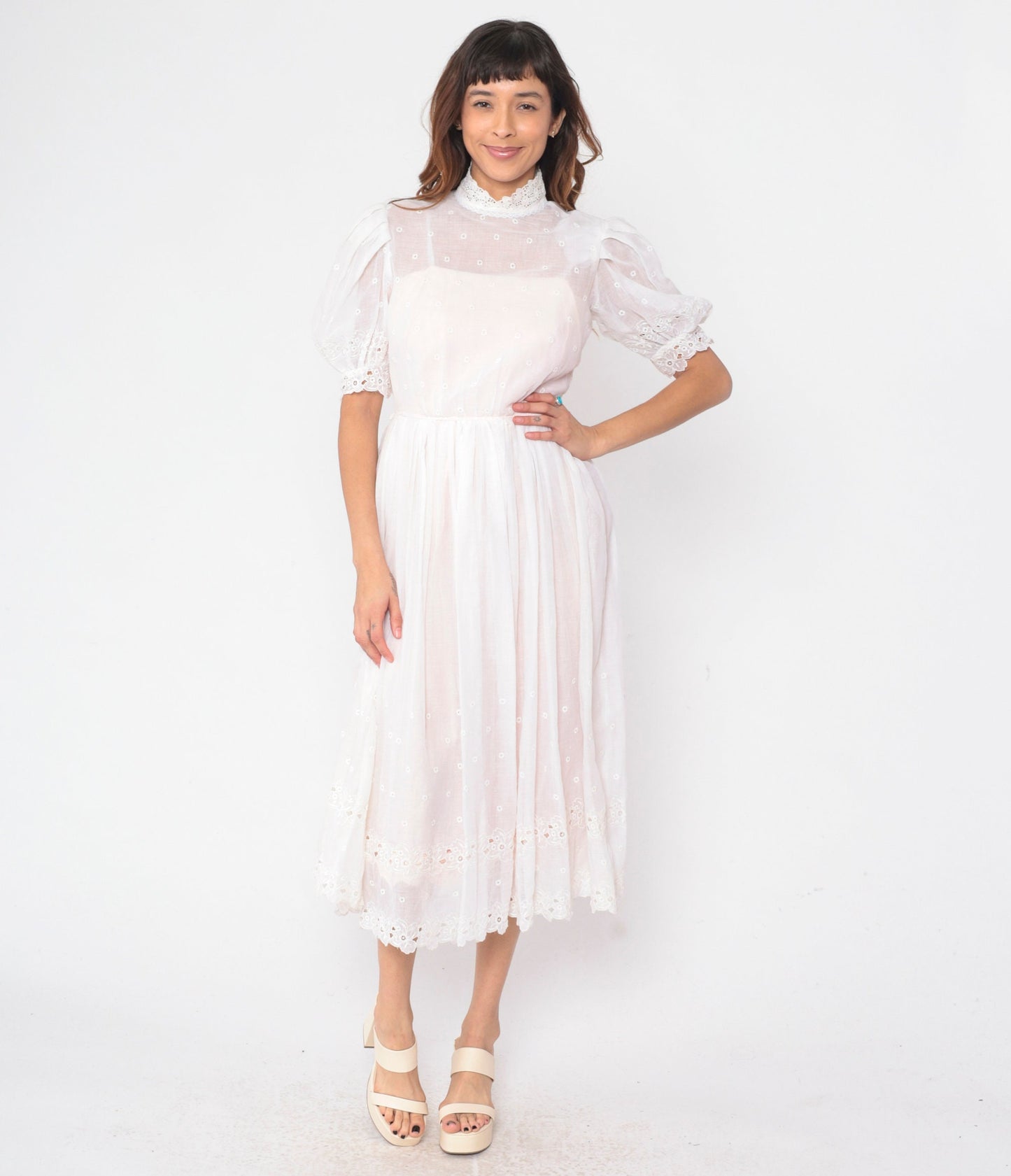 60s White Eyelet Dress Floral Embroidered Puff Sleeve High Waist Midi Small