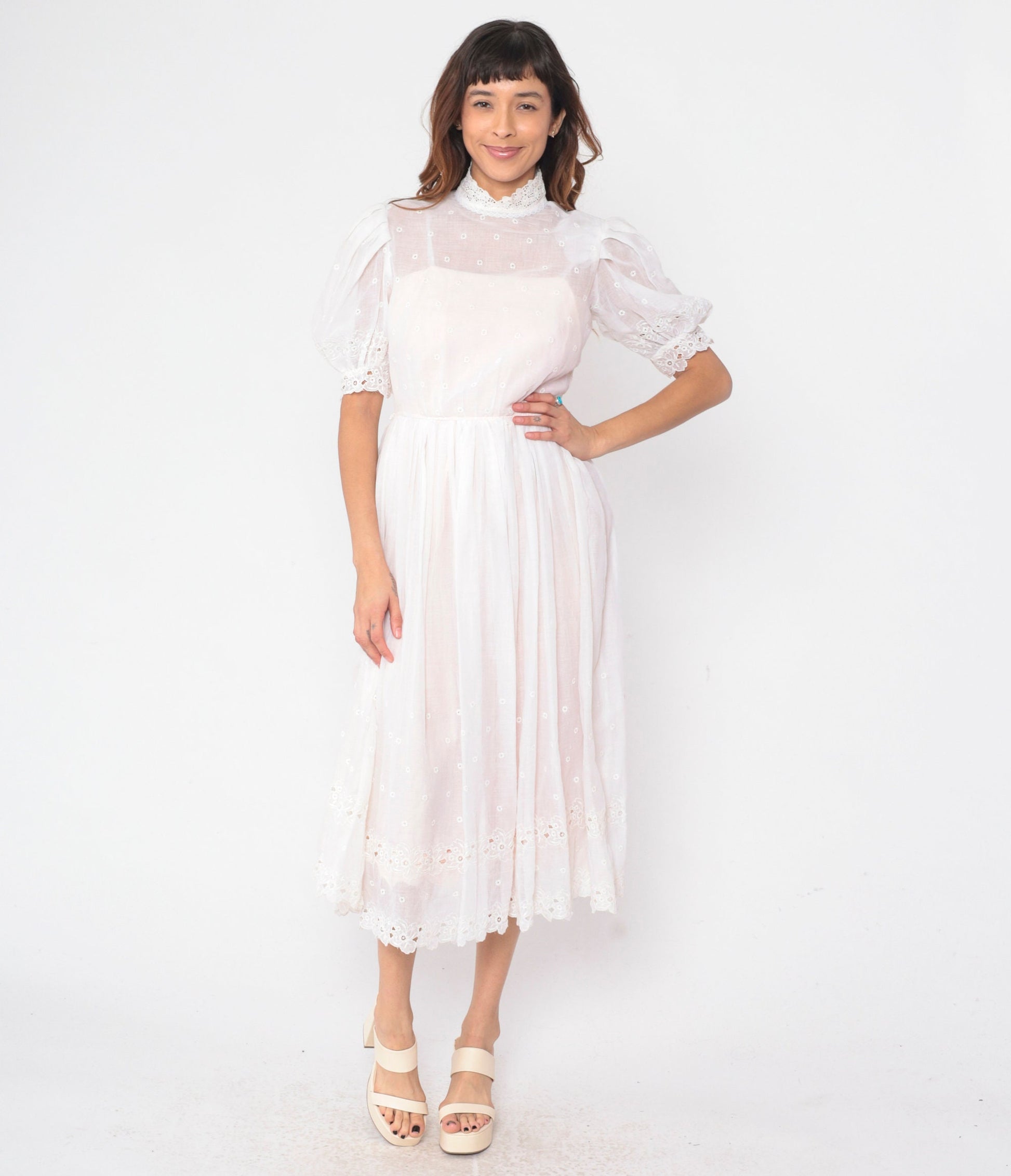 60s White Eyelet Dress Floral Embroidered Puff Sleeve High Waist Midi Small