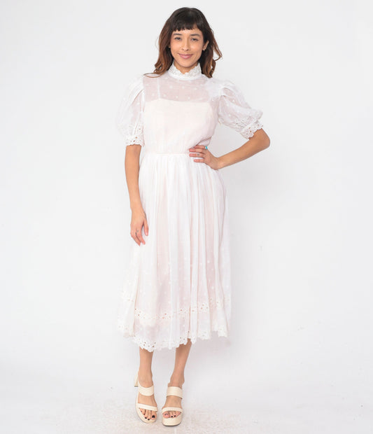 60s White Eyelet Dress Floral Embroidered Puff Sleeve High Waist Midi Small