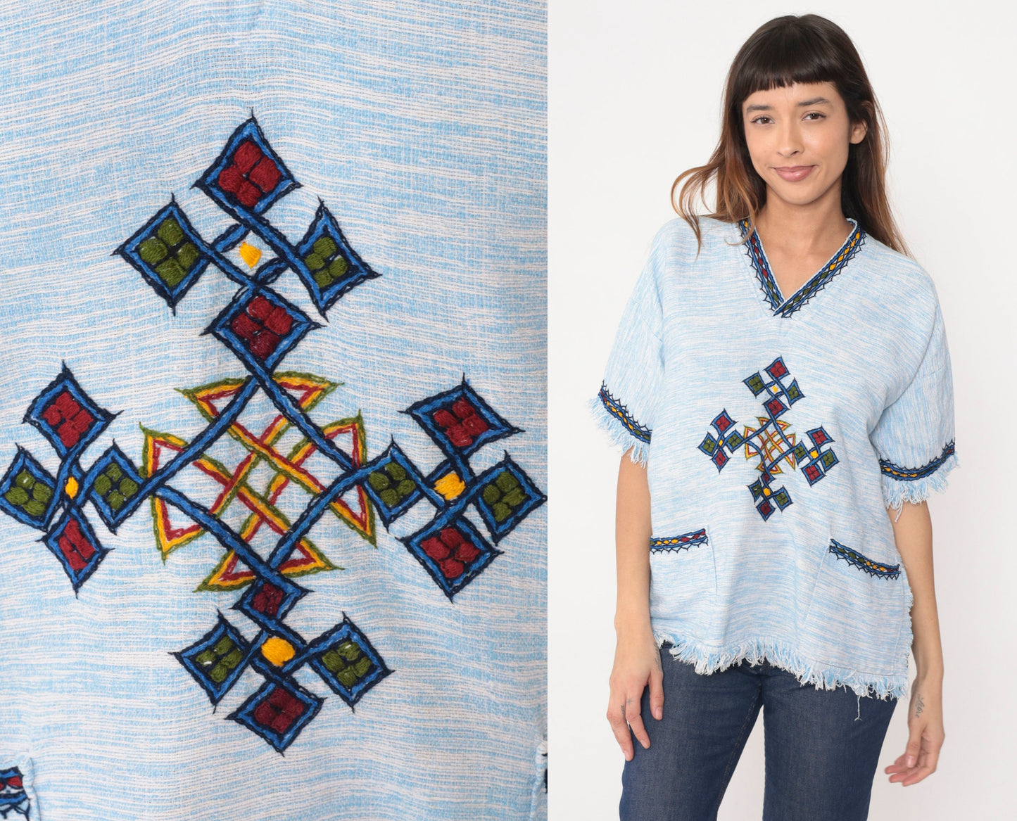 90s Geometric Knot Embroidered Tunic V-Neck Fringe Top Baby Blue Medium