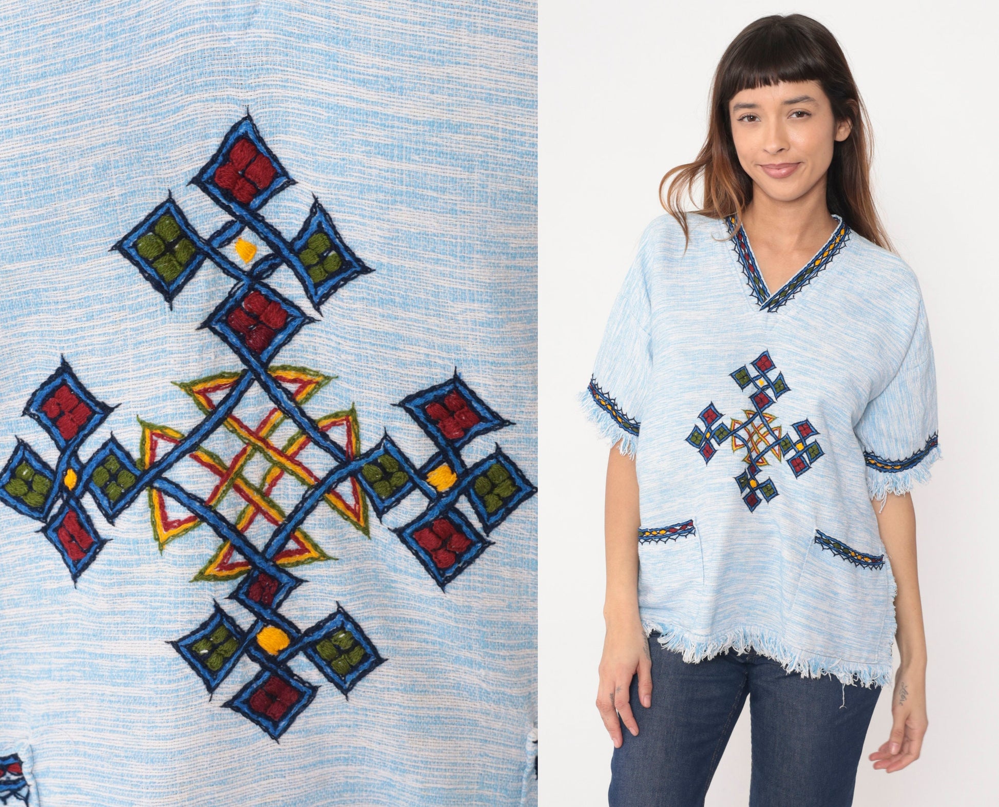 90s Geometric Knot Embroidered Tunic V-Neck Fringe Top Baby Blue Medium