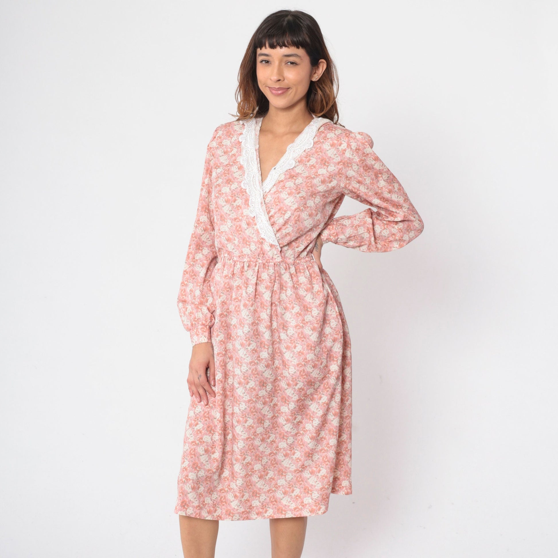 80s Floral Wrap Dress Pink V-Neck Midi Puff Sleeve High Waisted Small Medium