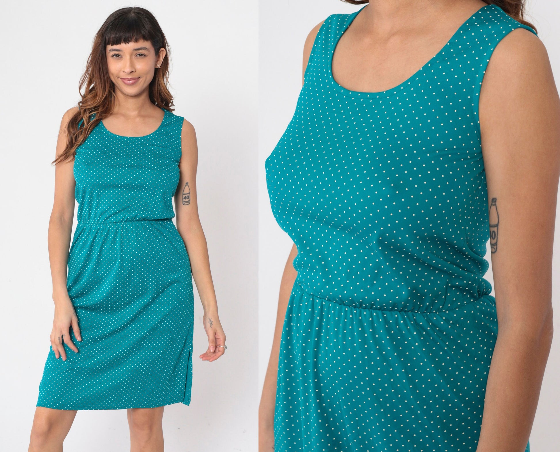 80s Teal Polka Dot Midi Dress Sleeveless High Waist Scoop Neck Small