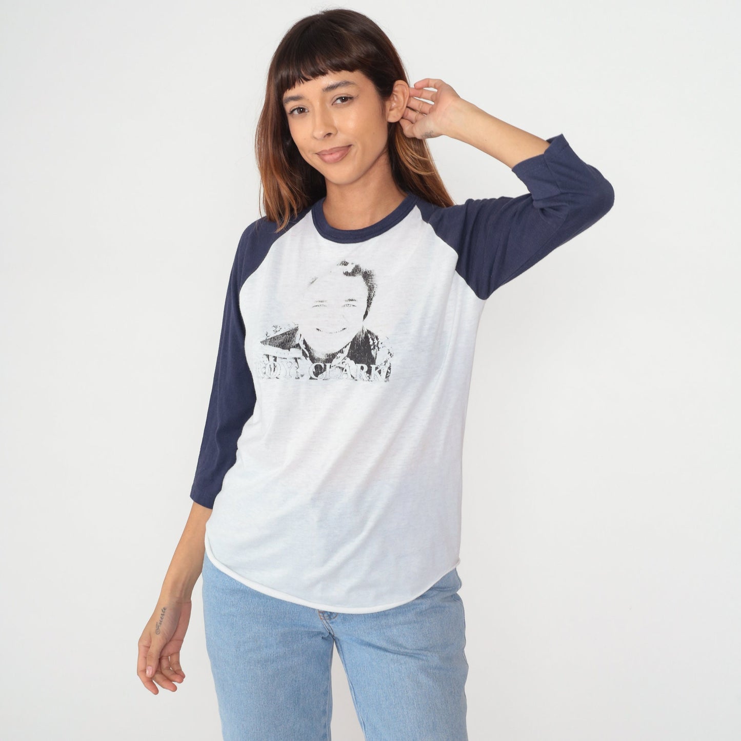 80s Roy Clark Country Music Baseball Tee Graphic T-Shirt White Blue Large