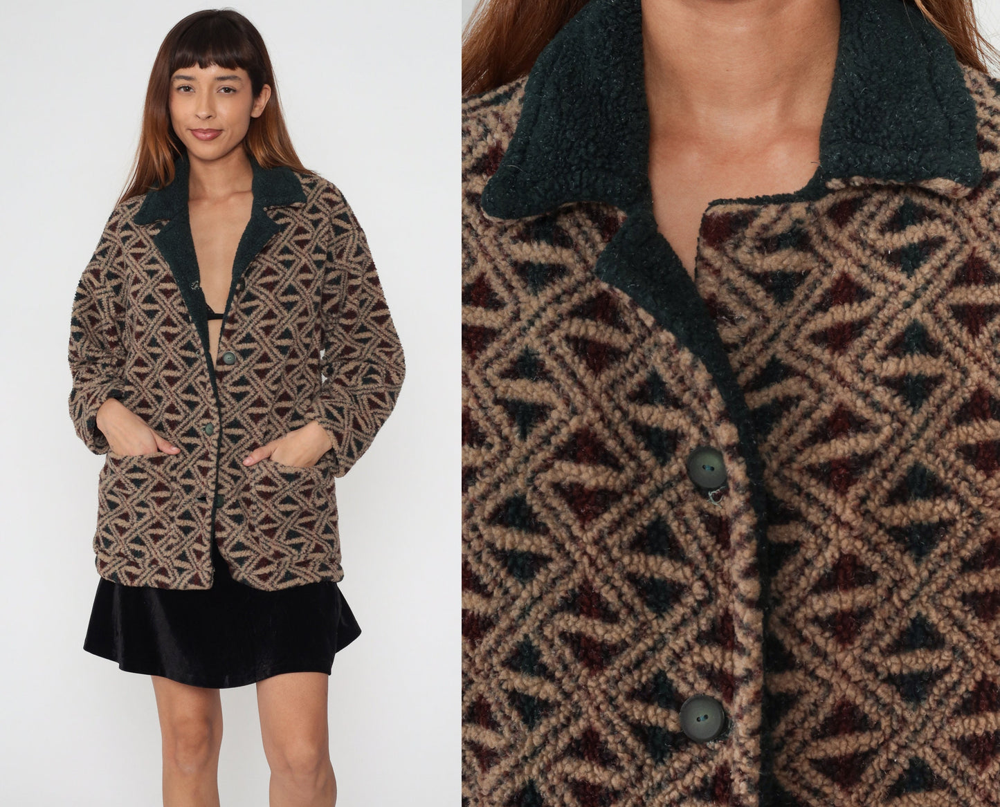 90s Fleece Jacket Abstract Geometric Print Button-Up Tan Green Medium M