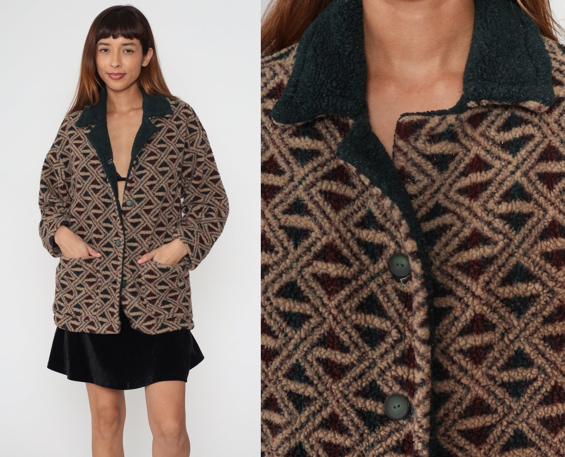 90s Fleece Jacket Abstract Geometric Print Button-Up Tan Green Medium M