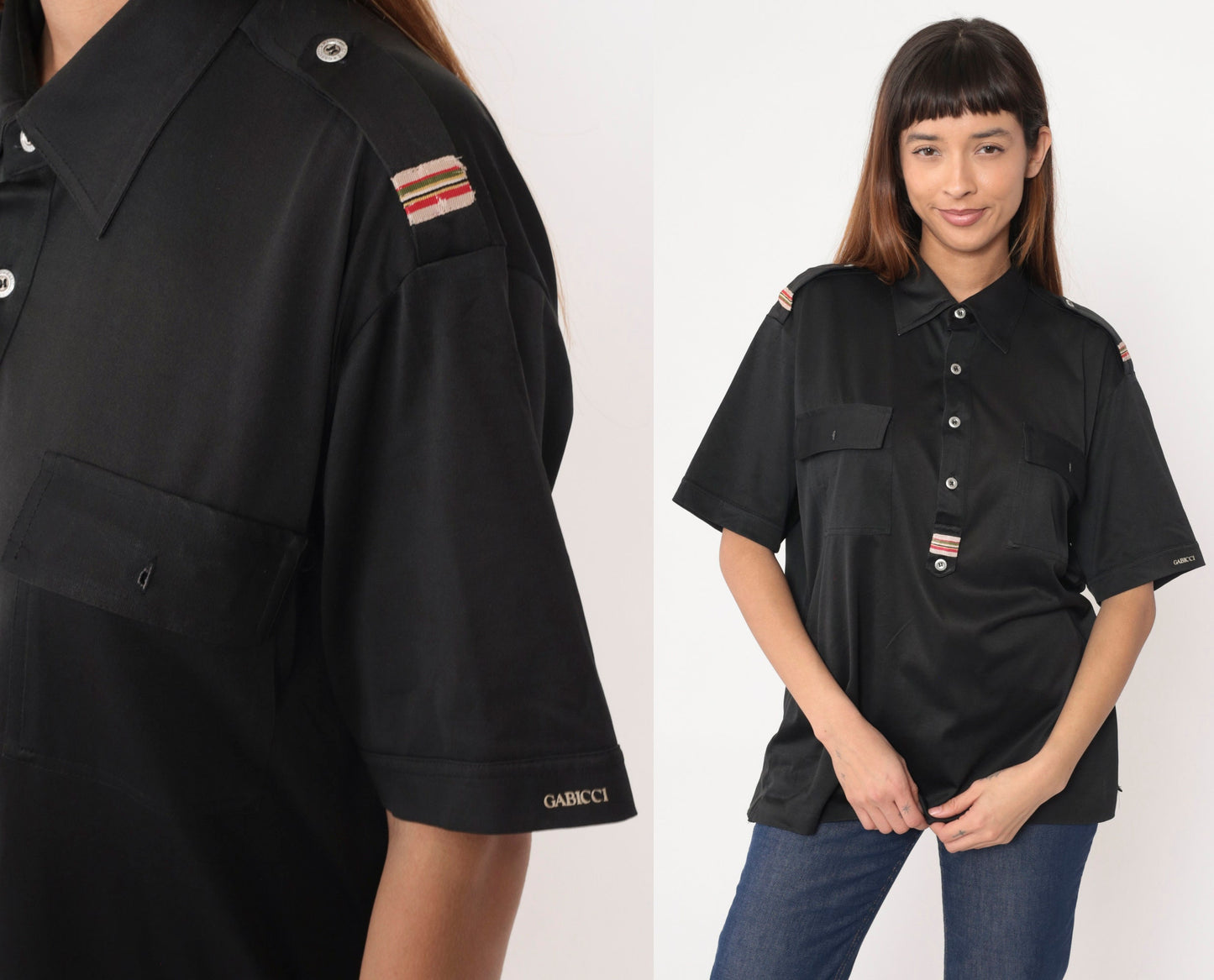 70s Black Polo Shirt Shoulder Epaulette Quarter Button Collar Large
