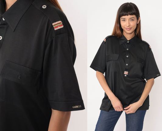 70s Black Polo Shirt Shoulder Epaulette Quarter Button Collar Large