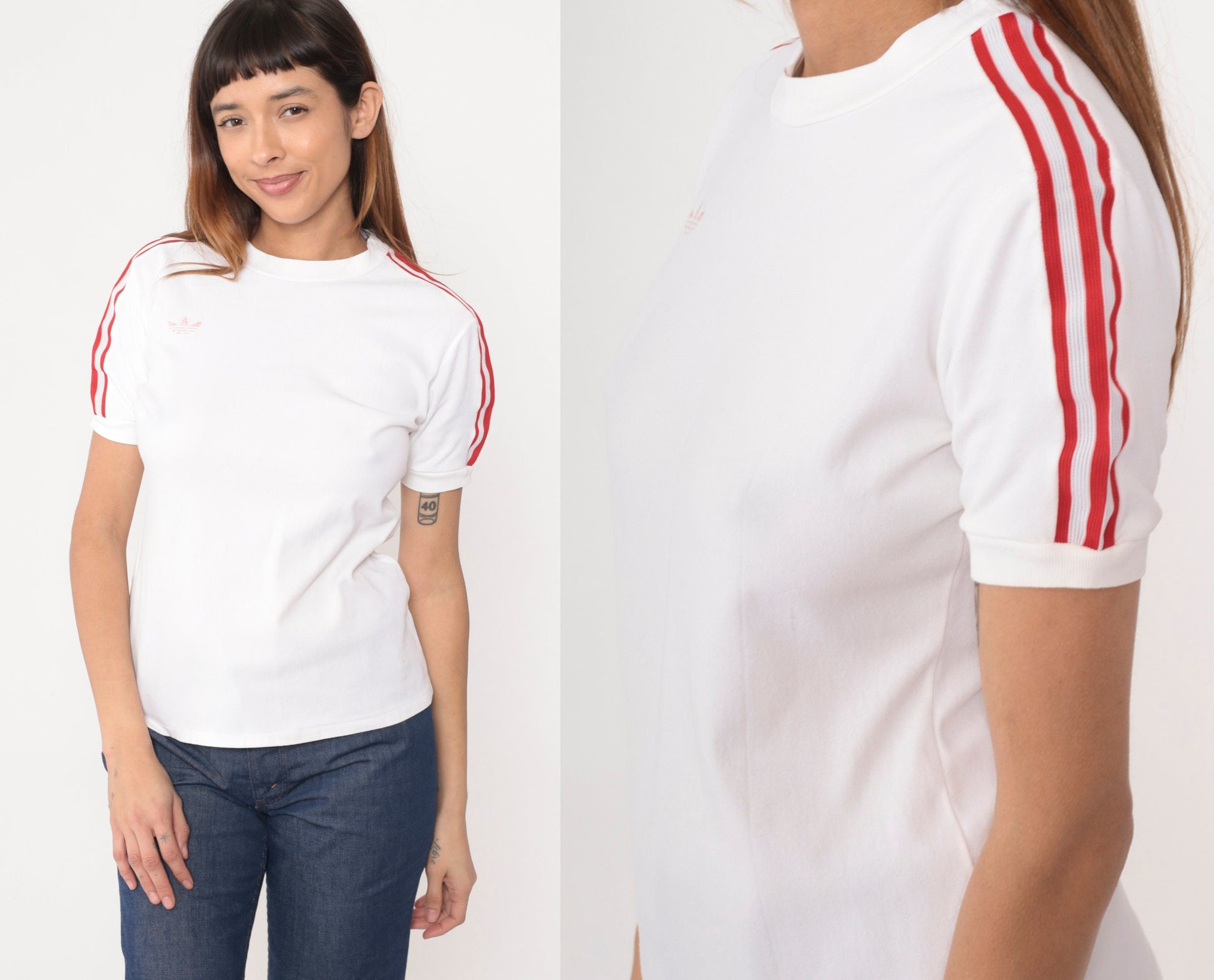 80s Adidas Trefoil Ringer T-Shirt White Nylon Red Stripes Medium