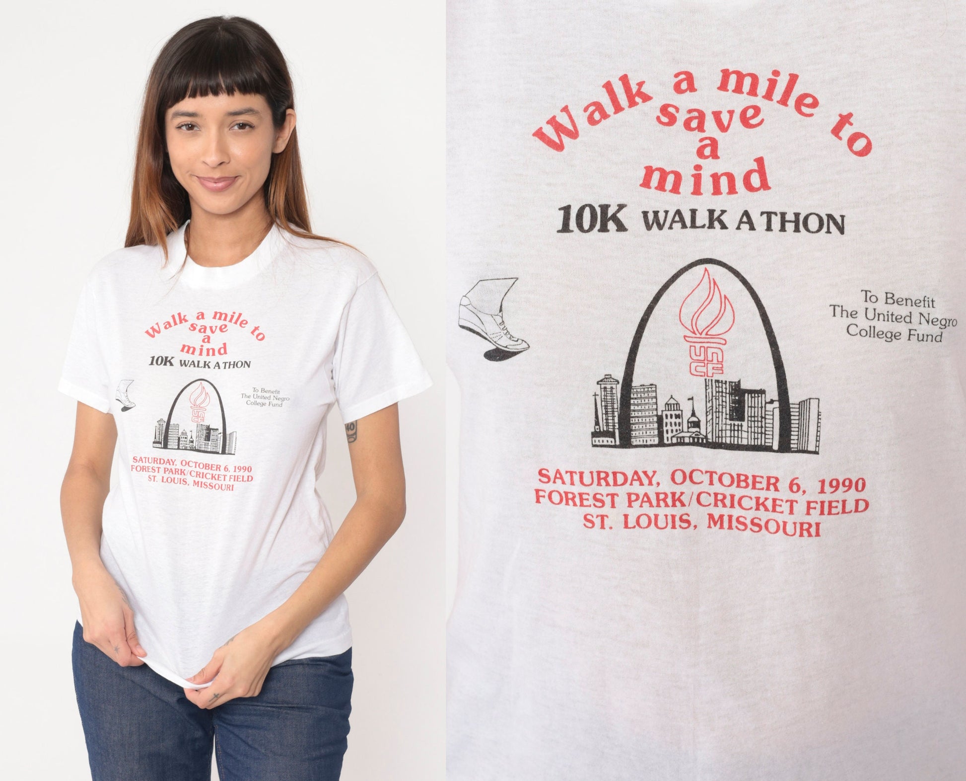 1990 UNCF Walk a Mile to Save a Mind St. Louis Walkathon T-Shirt White Graphic Small