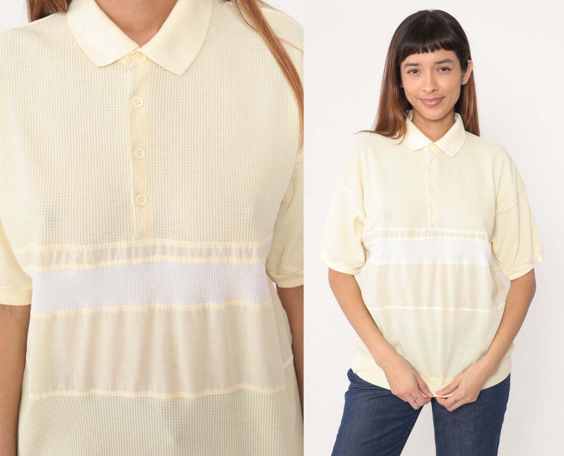 80s Onvoy Polo Shirt Light Yellow Waffle Knit White Stripe Large