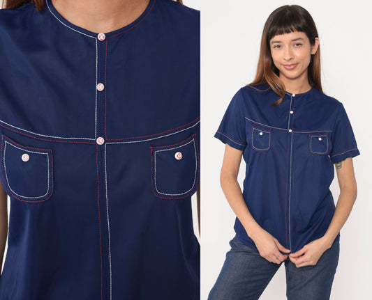 70s Navy Nylon Blouse Red White Topstitching Short Sleeve Chest Pocket Medium