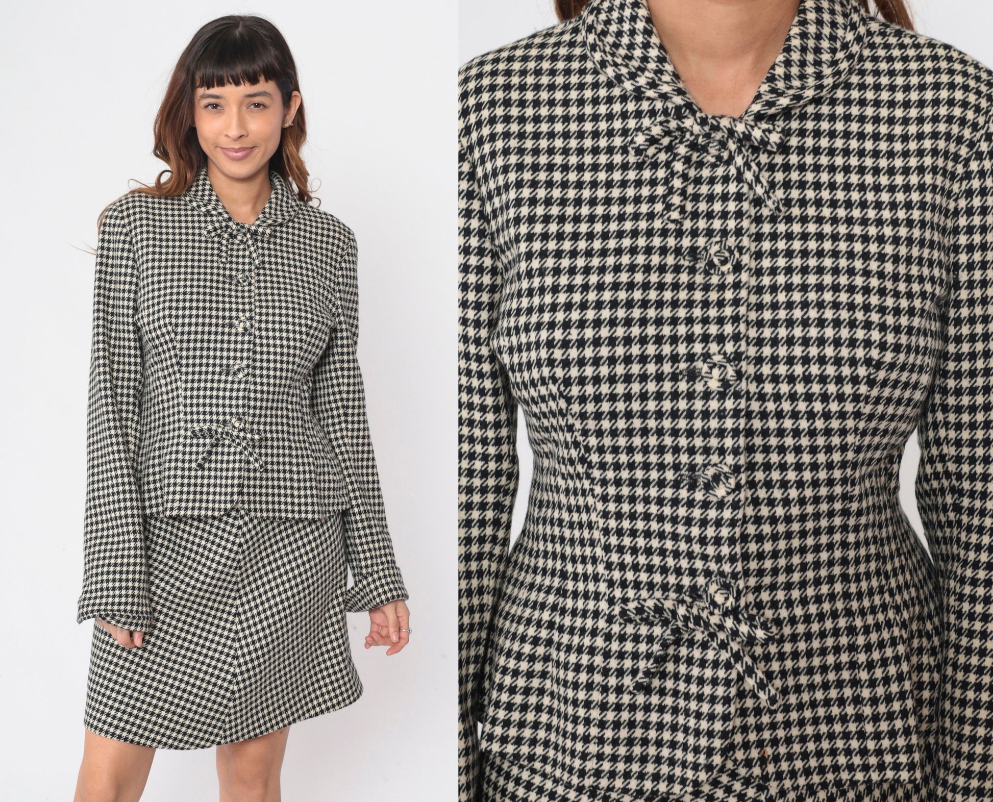90s Jill Stuart Houndstooth Skirt Suit Jacket Mini A-Line Black White Medium